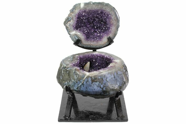Amethyst Jewelry Box Geode With Calcite On Metal Stand #116279